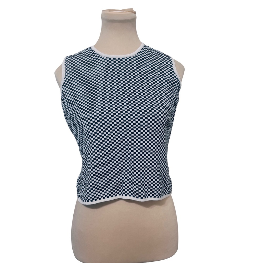 Talbots Checkered Knit Tank Top Size P Petite Black White Italy‎ Preppy Retro
